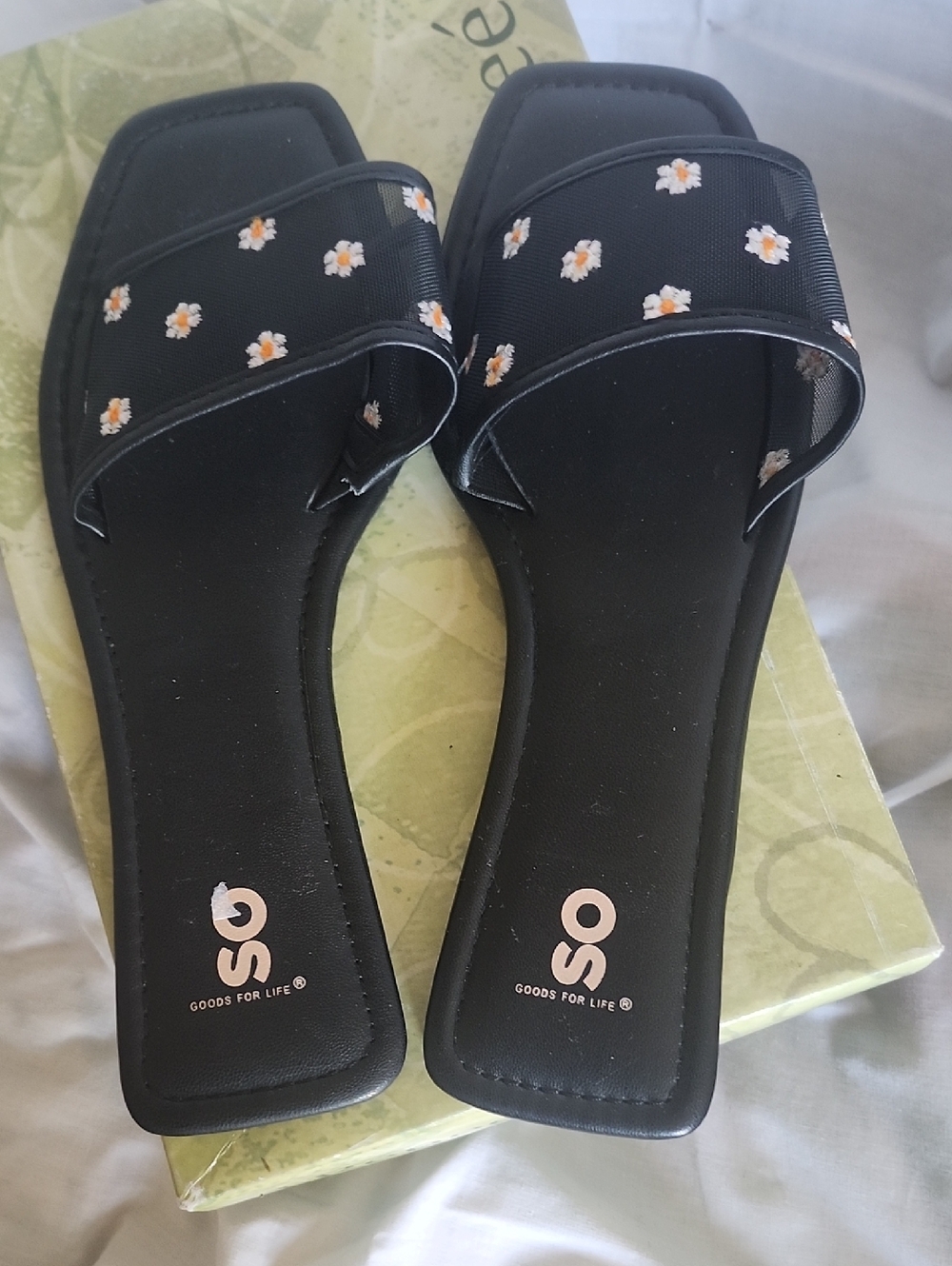 SO Black Slide Sandals with White and Yellow Floral Detail